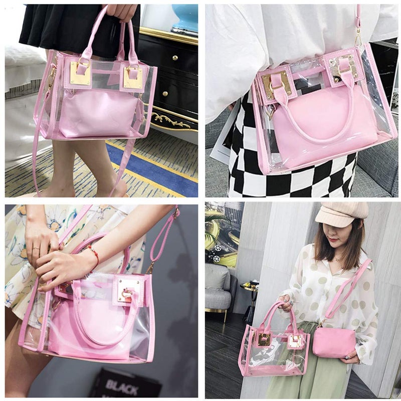 AlwaySky Women Transparent Shoulder Crossbody Bag, 2 in 1 Designer Fashion Handbag Tote Purse Waterproof Summer Beach Bag Satchel, Pink - Image 2